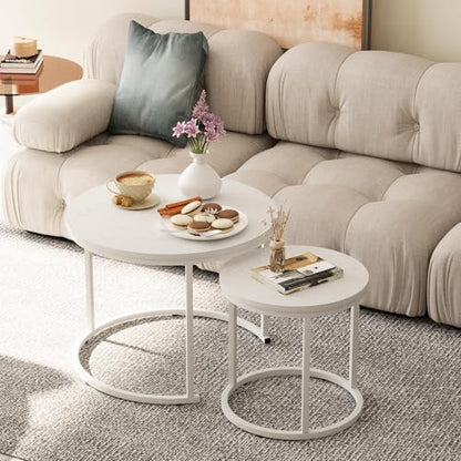 Nesting Coffee Table, 23.6" Round Coffee Table Set of 2, Wooden Nesting Table Set with Metal Frame, Side Tables for Living Room Bedroom Balcony, White - color: White