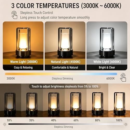 Rechargeable Crystal Table Lamp, 3-Color Touch LED, Black | Black metal crystal lantern, 3-color touch dimming, USB-C rechargeable, compact 7.1 in accent light for patio table - style: black-1