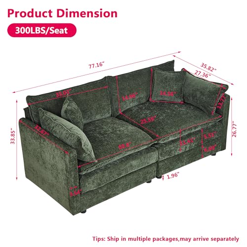 Aoowow Modular Sectional Sofa Modern Convertible Loveseat Couch,77.16 Inch Deep 2-Seater Sofas Comfy Chenille Cloud Sofas and Couches with Pillows for Living Room Apartment（Green） - color: Green-new, size: 2 Seat