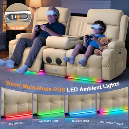 Home Theater Seating, Power Loveseat Recliner Sofa with Massage & Heat | Wall Hugger Reclining Loveseat with USB, RV Couch with LED Lights, Flip Backrest, Cup Holders for Movie Theater, Gaming Room - color: Pebbled Beige White, size: 72" - 2 Seats