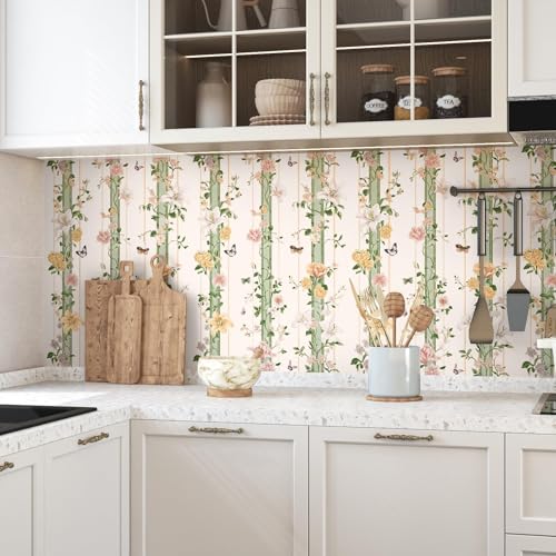 BOKEBEVE Boho Floral Peel and Stick Wallpaper Beige Pink 17.5 x 118In | Leaf Contact Paper Modern Wall Paper for Bedroom Accent Walls Laundry Nursery Pantry Renter Friendly Removable - color: Beige/Pink, size: 17.5" x 118"