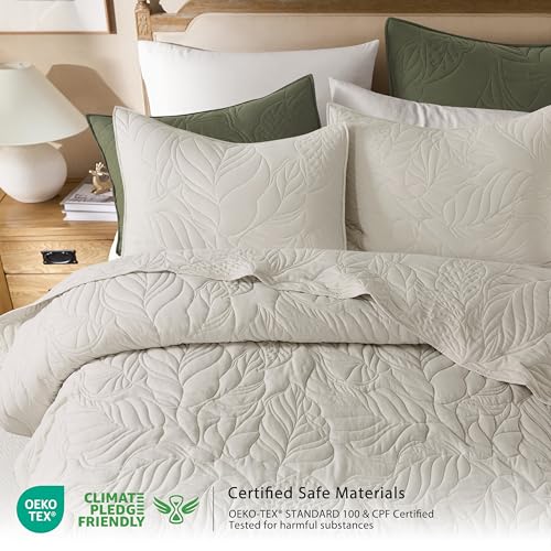 R.SHARE Beige California Cal King Size Quilt Set, Oversized Neutral Soft Lightweight Bedspread, Farmhouse Rustic Country Coverlet, Leaf Pattern Bedding with 2 Shams, 3 Pieces Summer Thin Comforter - color: Beige, size: California King(118"x106")