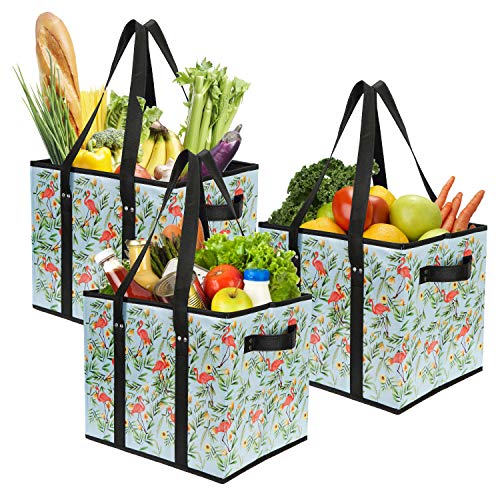 Foraineam Reusable Grocery Bags Set Durable Heavy Duty Tote Bag Collapsible Grocery Shopping Box Bag with Reinforced Bottom - color: Flamingo Jungle / 3 Pack