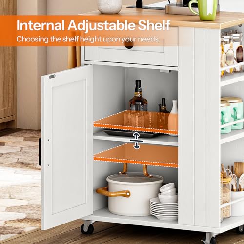 HOOBRO Kitchen Island on Wheels, Kitchen Island Cart with Power Outlet, Kitchen Storage Island with Spice Rack and Drawer, Island Table for Kitchen & Dining Room, White and Natural WN36UZD01