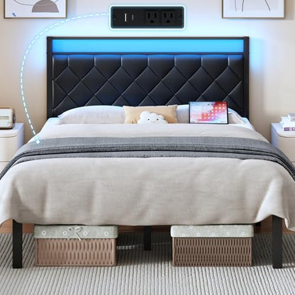 Full Size Bed Frame with Headboard, Modern Metal Bed Frame with LED Lights & Charging Station, PU Leather Upholstered Headboard, All Metal Slats Support, No Boxing Spring Needed, Noise Free, Black - size: Full