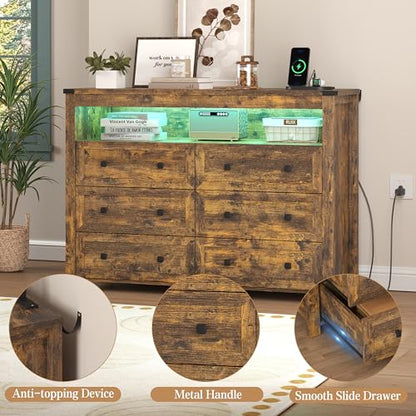 Brown Dresser 6 Drawer Dressers for Bedroom with LED Lights, Charging Station, Wood Chest of Drawers with Metal Handles, Modern TV Stand Storage Cabinet for Living Room, Hallway, Entryway - color: Brown, style: LED 6 Drawers