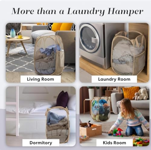 Handy Laundry Collapsible Mesh Pop Up Laundry Hamper with Side Pocket, Breathable & Space-Saving Foldable Basket for Clothes, Toys, Travel, Storage, 14 x 13 x 24 in, Beige - color: Beige