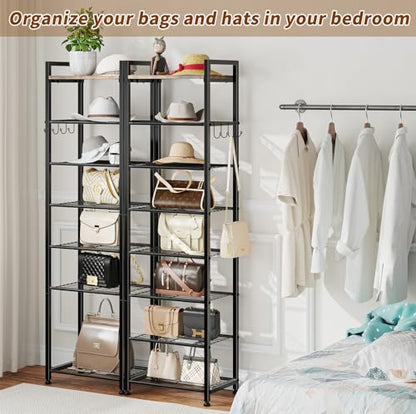 Simple Trending 8 Tiers Shoe Rack 16 Pairs Tall Wooden Shoe Shelf, Black | Wooden Plank Shoe Shelf, with Hooks for Closet Entryway, Sturdy Free Standing Shoe Storage Cabinet, 18"D x 11.37"W x 57.2"H - size: 8 Tiers
