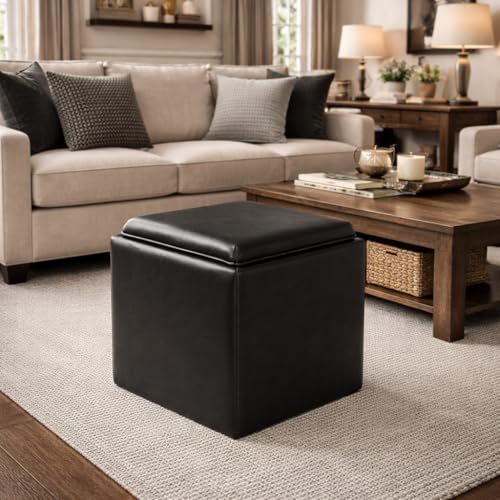 HomePop 17.5" Storage Ottoman with Tray Top - Black Faux Leather - color: Black Faux Leather