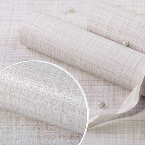 Beige Grasscloth Wallpaper Peel and Stick Wallpaper Texture Contact Paper 17.3"x1200" Vintage Removable Waterproof Wall Paper for Room Walls Cabinets Furniture Drawers Desk - color: Beige, size: 17.3" x 1200"