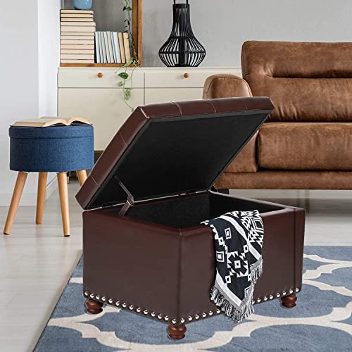 Adeco Button Tufted Accents Rectangular PU Leather Storage Bench Ottoman Footstool for Living Room Bedroom - color: Brown-new