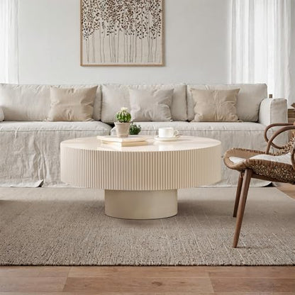Round Drum Fluted Coffee Table (H) | Modern Wood Coffee Table with Circle Pedestal Center Tables Fluted Accent Tea Tables for Apartment Living Room - color: H