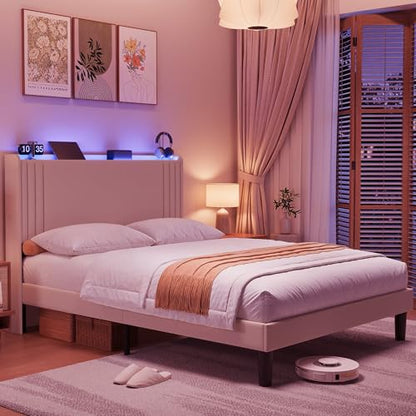 Gizoon Queen Bed Frame with Charging Station and LED Lights | Upholstered Wingback Platform Bed with Padded Headboard,Wooden Slats,Noise-Free,No Box Spring Needed, Easy Assembly,Beige - color: Beige+led, size: Queen