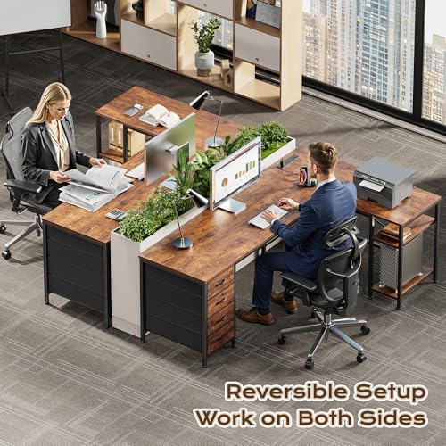 Huuger 55 Inch L Shaped Desk with Fabric Drawers, Reversible Computer Gaming Desk with Power Outlets and USB-C Port, Adjustable Side Storage Shelves, for Work Corner Home Office, Rustic Brown - color: Rustic Brown, size: 55 inch
