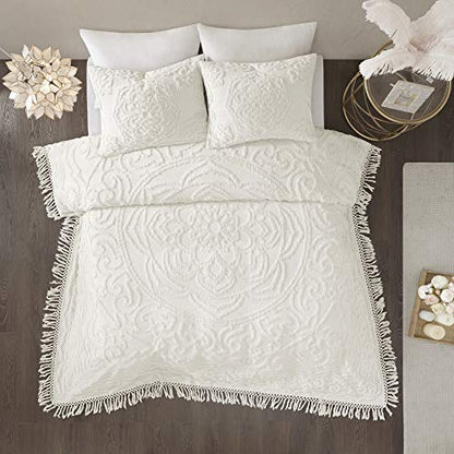 Madison Park Laetitia Lightweight 100% Cotton Quilt Set, Breathable Chenille Tufted, Shabby Chic Boho Medallion Design, Sham, Floral Ivory w/ Tassels, Full/Queen (90 in x 90 in) 3 Piece | Lightweight Bedding Set, Shabby Chic, Boho, Medallion, Floral, Mach