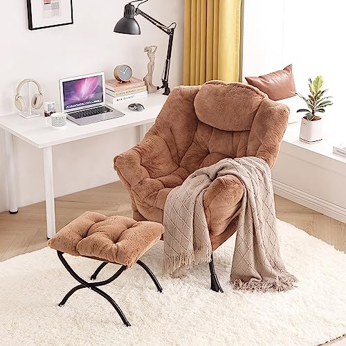 Modern Large Accent Lounge Chair with Ottoman, Leisure Sofa Armchair with Footrest, Reading Chair for Bedroom, Living Room, Dorm Rooms, Garden and Courtyard - color: Plush-brown