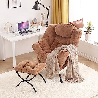 Modern Large Accent Lounge Chair with Ottoman, Leisure Sofa Armchair with Footrest, Reading Chair for Bedroom, Living Room, Dorm Rooms, Garden and Courtyard - color: Plush-brown