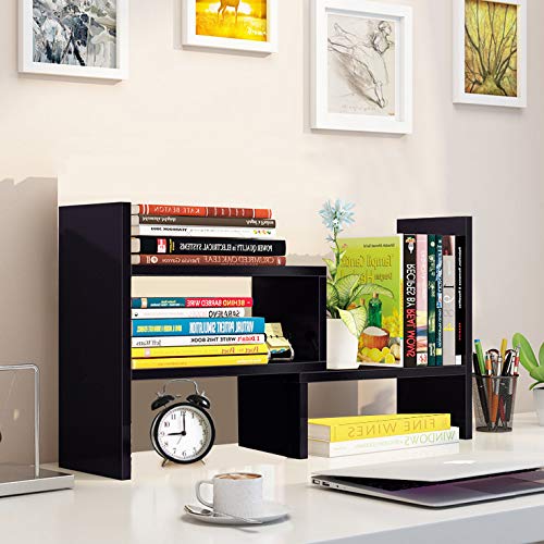 Hossejoy Desk Shelf, Adjustable Desktop Storage Organizer, Wood Display Shelf Rack, Office Supplies Desk Organizer, Black - color: Black