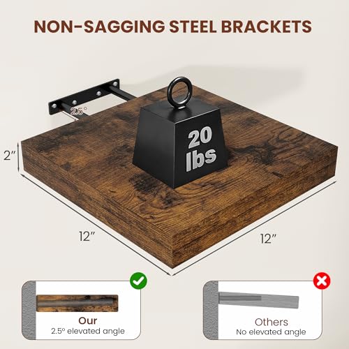 Vivelove Square Floating Shelves 12x12” Set of 2, Rustic Brown | Easy Install with Hardware, Invisible Brackets, No Sagging, Living Room Display Shelf, 2" Thick，Engineered Wood - color: Rustic Brown, size: 12”wx12”dx2”h