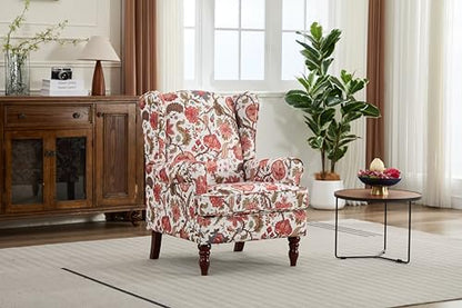 GDFStudio Modern Wingback Accent Chair with Solid Wood Legs and Cushion, Comfy Upholstered Floral Pattern Armchair, Retro Leisure Single Sofa Chair for Living Room Bedroom Home, Bean Paste Red - color: Bean Paste Red