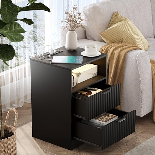 Fluted Nightstand Set of 2, LED Nightstand with Charging Station, Wood Nightstands with 2 Drawers & Metal Handles, Modern Bedside Table & End Tables, Farmhouse Night Stands for Bedroom, Black - color: Black, style: LED 2 Drawers-2 PCS