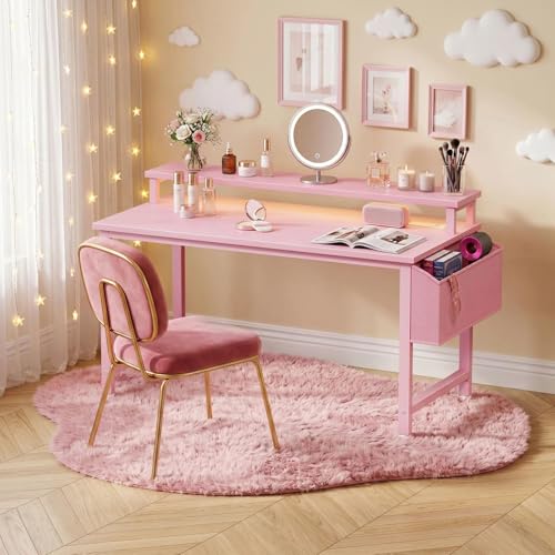 Lufeiya Girls Desk with Power Outlets and LED Lights, 40 Inch Gaming Desk Table with Charging Station, Home Office Computer Desks with Monitor, Pink - color: Pink, size: 39.4"