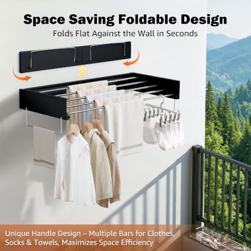Wall Mounted Drying Rack 32" – Foldable Clothes Drying Rack Wall Mounted, 65LBS Laundry Rack Wall Mounted, Retractable Clothes Rack for Laundry Room, Indoor & Outdoor Space Saver, 5 Rods, Black - color: Black