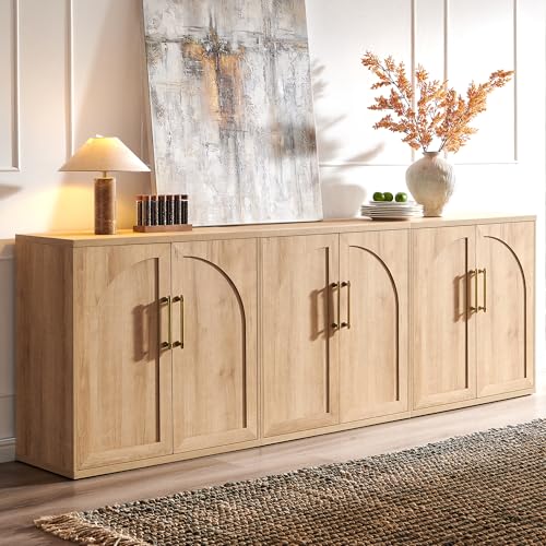 Arched Door Sideboard Buffet Cabinet Set of 3, Natural Oak | Modular, Multi-Compartment Storage, Adjustable Shelf, Soft Close Hinges, Freestanding, for Dining Room, Living Room - color: Natural Oak
