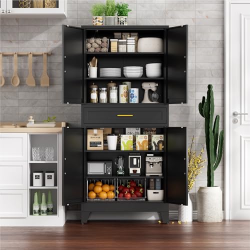 71" Tall Farmhouse Pantry Cabinet,Metal Cabinet with Doors and Shelves,Storage Cabinet for Kitchen Garage,Black 1 Pack - color: Black, size: 15.8"D x 31.5"W x 71"H-2