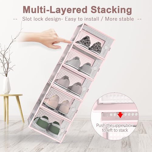Kuject Shoe Organizers Storage Boxes for Closet, 12 Pack Clear Plastic Stackable Storage Bins with Lids, Under Bed Shoe Containers for Entryway, Drop Front, Fit up to Women's Size 10,Pink | Shoe organizers for closet & entryway, under-bed,Drop-front desig