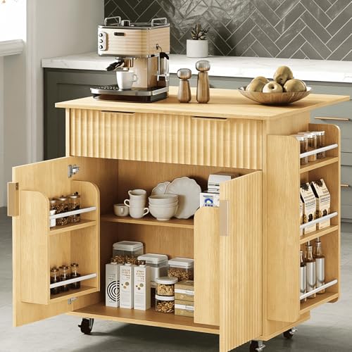 VINGLI Kitchen Island Cart with Storage, Rolling Kitchen Cart on Wheels with Foldable Drop Leaf, 15.35 x 31.15 x 34.45 Inches, Rubber Wood Top, Drawer and Door Cabinet, Oak
