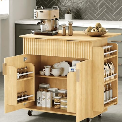 VINGLI Kitchen Island Cart with Storage, Rolling Kitchen Cart on Wheels with Foldable Drop Leaf, 15.35 x 31.15 x 34.45 Inches, Rubber Wood Top, Drawer and Door Cabinet, Oak