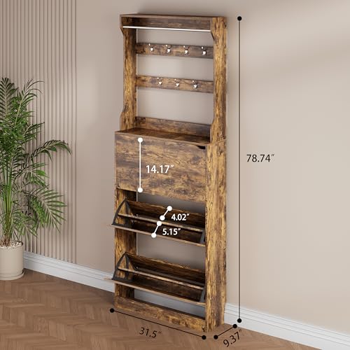 Brown Hidden Shoe Cabinet with 3 Flip Drawers & Coat Rack, Entryway | 2-in-1 Hall Tree Combines Shoe Rack Organizer and Coat Storage, Slim Design with Hooks & Adjustable Shelves for Narrow Spaces - color: Brown, size: Tall 3 Drawers