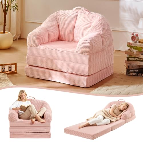 wanan Folding Sofa Bed, 3-in-1 Convertible Boneless Couch with Handle, Floor Lounger & Sleeper Chair for Adults, Comfy Folding Couch Single Sofa for Living Room Bedroom, Pink - color: Pink