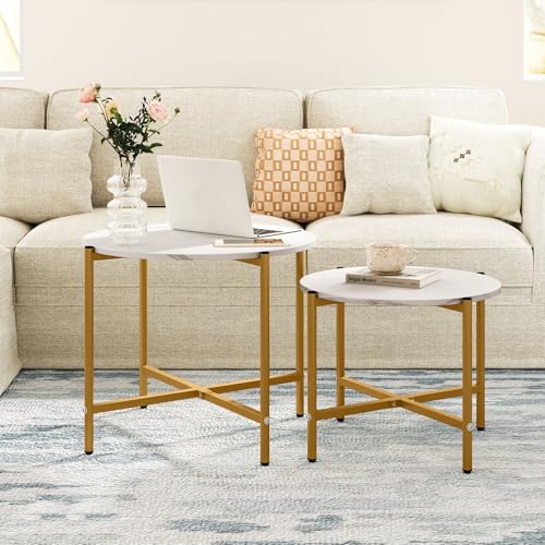 GOFLAME Nesting Coffee Table Set of 2, Round Coffee Tables with Wood Tabletop & Heavy-Duty Metal Frame, Modern Circle End Table & Side Tables, Nesting Tables for Living Room, Bedroom (White) - color: White
