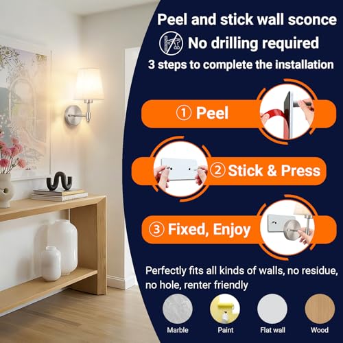 YHCDLAMP Peel and Stick Wall Sconces, No Drilling Stick On Wall Sconce, Wireless Battery Operated Wall Lights, Adhesive Wall Lamp with 10000mAh Battery Bulb for Bedroom Living Room Decor - color: Nickel-11.8inch