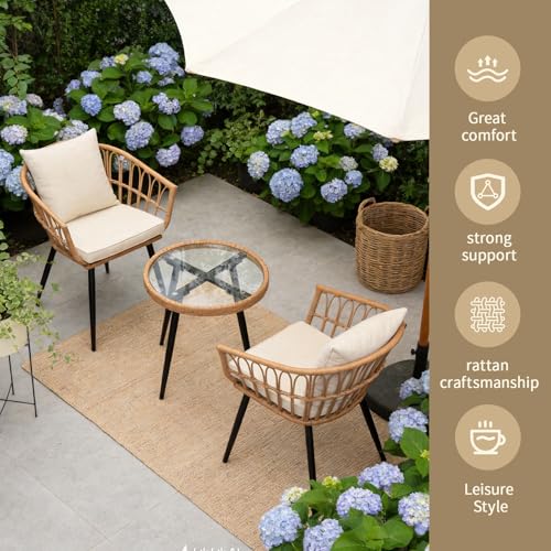 3-Piece Patio Dining Set, Featuring a Round PE Rattan Table and 2 Chairs, Suitable for Bedrooms, Porches and Gardens All-Weather Furniture Set Includes Tempered Glass, Thick Cushions - size: 3 Pieces