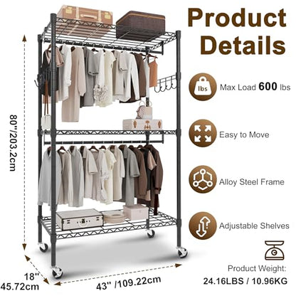 Whitmor Modern Industrial Wardrobe - color: 43 x 18 x 80 inch,Black