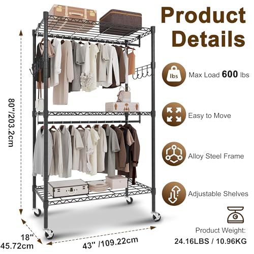 Whitmor Modern Industrial Wardrobe - color: 43 x 18 x 80 inch,Black