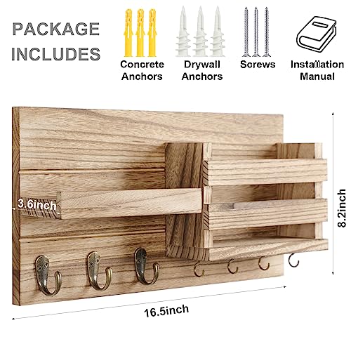 Lwenki Mail Organizer for Wall Mount – Key Holder with Shelf Includes Letter Holder and Hooks for Coats, Dog Leashes – Rustic Wood with Flush Mounting Hardware (16.5” x 8.7” x 3.5”) (Wood) - color: Wood