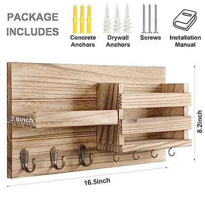 Lwenki Mail Organizer for Wall Mount – Key Holder with Shelf Includes Letter Holder and Hooks for Coats, Dog Leashes – Rustic Wood with Flush Mounting Hardware (16.5” x 8.7” x 3.5”) (Wood) - color: Wood