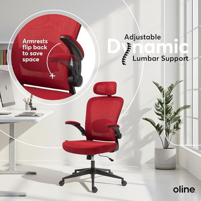 Oline ErgoAir Ergonomic Office Chair – Adjustable Lumbar Support, Flip-Up Armrests, Mesh Computer Desk Chair, Swivel Rolling Executive Gaming Chair for Home & Office (Red) - color: Red