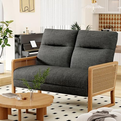 Alunaune Modern Loveseat Bench Couch with Natural Rattan Arm, Upholstered Linen Small Love Seat Sofa 2-Seats Living Room Couch Settee, Comfy Lounge Recliner Chair-Grey - color: Grey