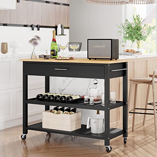 Shintenchi Kitchen Island Cart with Storage,Rolling Kitchen Island Side Table on Wheels with Large Worktop,Storage Cabinet,Towel Rack,Drawers and Open Shelves for Kitchen,Dinning Room,Black - color: Black-40inch