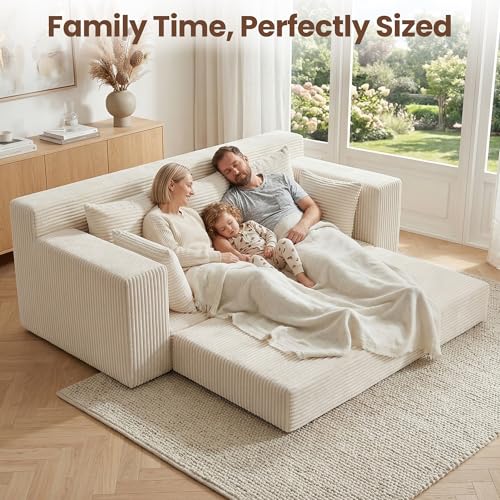 Boneless Couches 70 inch: 3-in-1 Convertible Sofa Bed Futon Couch Bed, Oversized Loveseat Sleeper Sofa with 5 Pillows, Beige Couch for Living Room, Bedroom & Small Space - color: Beige, size: 70 Inch