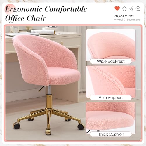 Faux Fur Makeup Vanity Chair,Home Office Desk Chair with Wheels, Blue | Fluffy Swivel Modern Armchair Upholstered Fuzzy Height Adjustable for Teens Women Girls Elegant for Living Room Bedroom - color: Round Pink+golden Base