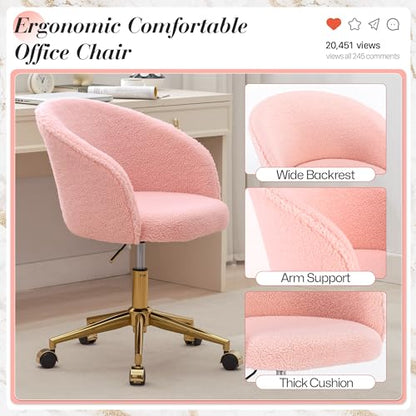 Faux Fur Makeup Vanity Chair,Home Office Desk Chair with Wheels, Blue | Fluffy Swivel Modern Armchair Upholstered Fuzzy Height Adjustable for Teens Women Girls Elegant for Living Room Bedroom - color: Round Pink+golden Base