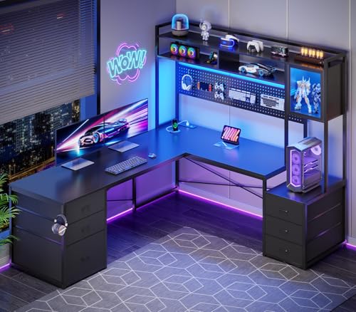 SEDETA Reversible L Shaped Gaming Desk with 6 Drawers, Hutch, Led Lights | Computer Corner Desk with File Drawer, Storage Shelves for Home Office, Gaming Two Person Desk with Power Outlet, Black - color: Black