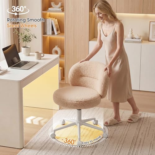 Homkdom Round Vanity Chair with Silent Wheels, 17.32" Wide Seat | Height Adjustable, 360 Swivel & Smooth Rolling, Armless Design for Makeup and Study - Yellow - color: Yellow