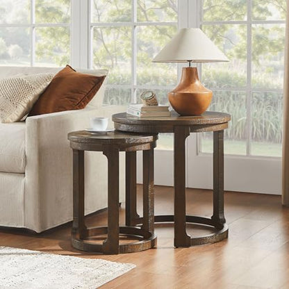 24" Round Nesting Coffee Table Set of 2, Solid Wood Coffee Tables Mid Century Rustic Farmhouse Side End Tea Table for Living Room, Apartment (Drak Brown) - color: 24" Dark Brown